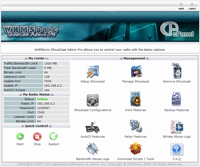 WHMSonic Interface Provide High Quality Streaming Radio with WHMSonic AutoDJ